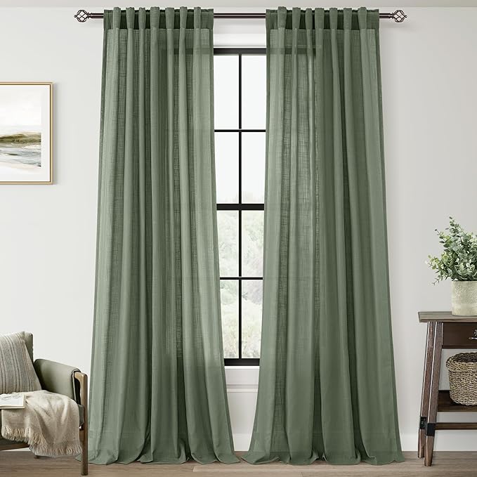 Olive Green Curtains 90 inch Length 2 Panels for Bedroom Back Tab Light Filtering Semi Sheer Drapes Linen Cotton Textured Airy Modern Farmhouse Living Room Sage Aesthetic Decor 52x90