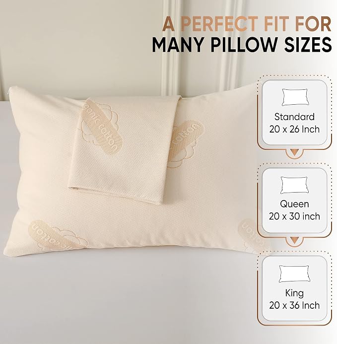 2-Pack Deluxe Waterproof Organic Cotton Pillow Protectors Queen Size - Certified Organic, Zippered Encasement, Ultra-Soft Knit Fabric, Thick 280 GSM Cotton