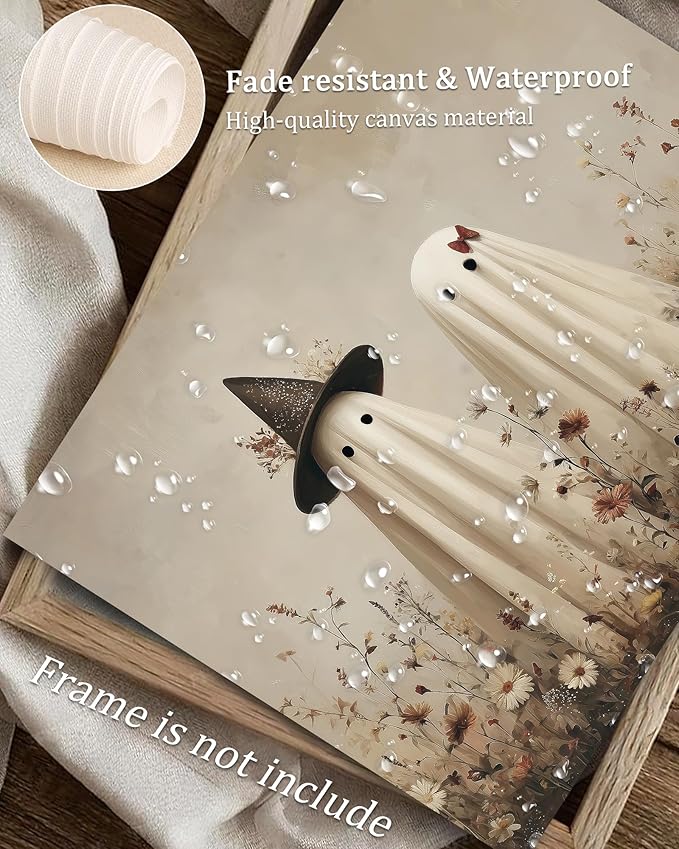 Vodefoad Whimsical Ghost Halloween Print, Two adorable ghosts in hats, Rustic halloween Cottagecore Autumn Art, Hallo ween-themed Home Decor Wall Art for Kitchens, Nurseries, and Entryway Holiday Gift - 8x10Inch Unframe