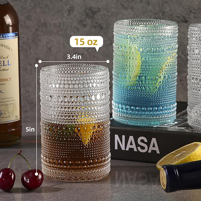 Amyoole 15oz Hobnail Drinking Glasses Set of 6,Clear Vintage Glassware Embossed Water Tumbler,Cocktail Glass Cups for Beer,Whiskey,Juice and Various Mixed Drinks