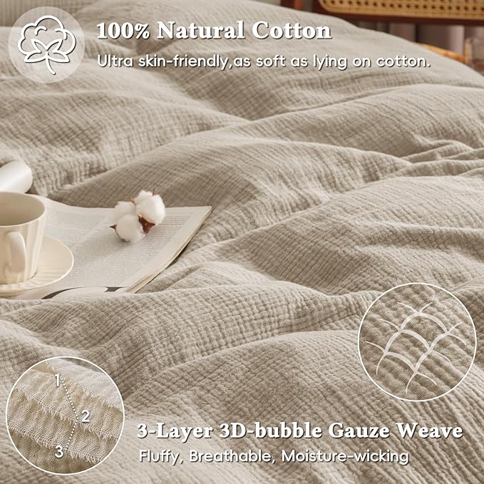 David's Home 100% Cotton Muslin Duvet Cover Set Twin Size,2 Pcs Ultra Soft Breathable & Lightweight Gauze Bedding Set with 1 Pillowcase,Textured Home Decor with Button, 68"×90" Natural,No Insert