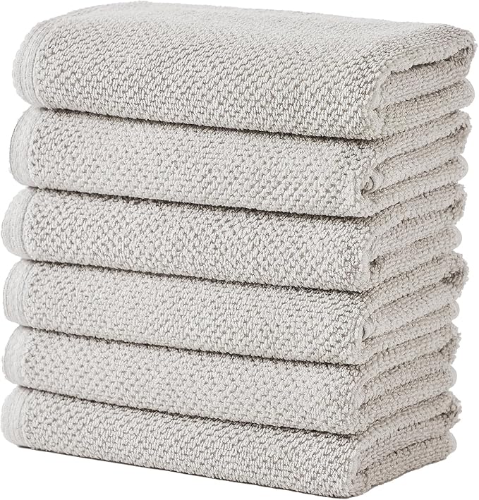 Great Bay Home 100% Cotton 6 Pack 26x16 Hand Towel Set - Absorbent, Quick-Drying, Durable Towels for Bathroom Decor - Low-Twist, Two-Ply Fibers (Light Grey)