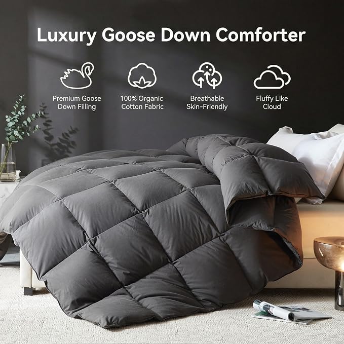 L LOVSOUL Goose Feather Down Fiber Comforter King Size, 100% Organic Cotton Fabric Duvet Insert,1200TC,750+Fill Power, Hotel Collection, Light Weight Grey Bedding Comforters with 8 Tabs