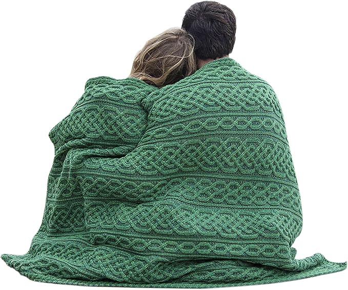 Aran Woollen Mills Carraig Donn Irish Cable Knit Blanket Celtic Throw - 100% Merino Wool Made in Ireland 40"x 55" (102 x 140 cm)(Kiwi/Connemara Green)