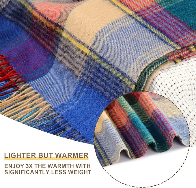100% Wool Blanket Throw,Blue Plaid Wool Blanket with Compact Bag,Rustic Soft Lightweight Blanket for Couch,Sofa,Bed & Lounging Decoration, Warm Travel Blanket for Home, Airplane,Ideal Gifts 55"x83"