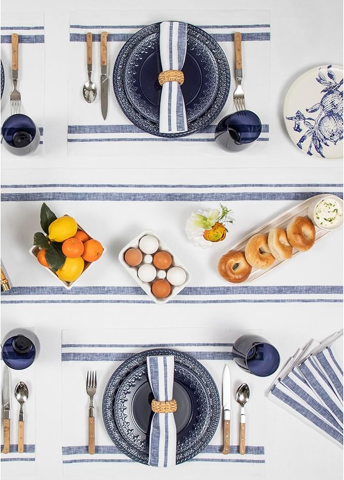 Solino Home Linen Placemats Set of 4 - French Stripe Navy and White Placemats 14 x 19 Inch - 100% Pure Linen Table Mats for Summer, 4th of July