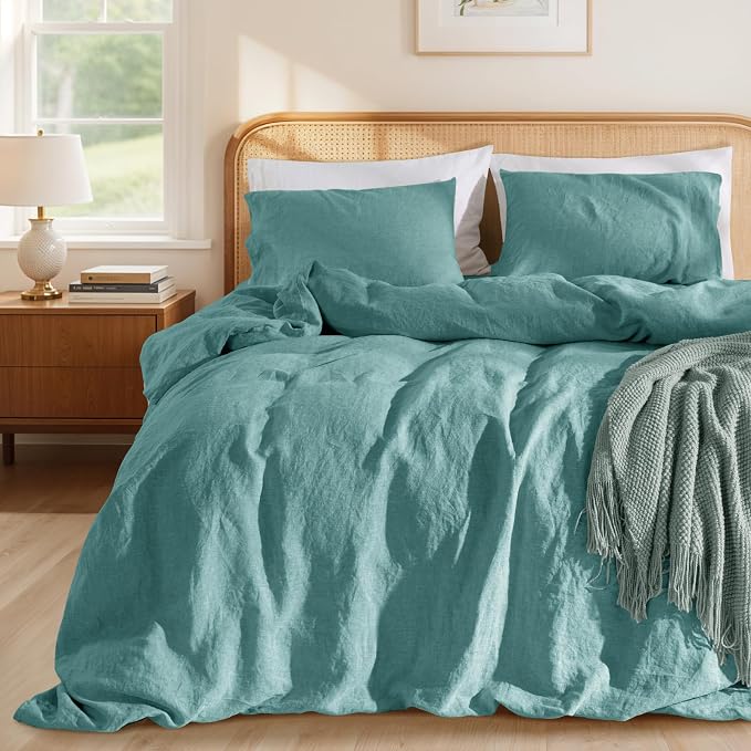 LBRO2M 100% France Linen Duvet Cover Set 3 Pcs Including 1 Flax Comforter Cover with Zipper Closure, 2 Pillowcase, Cozy Duvet Cover King Size, Aqua