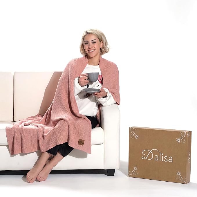 Dalisa 100% Organic Turkish Cotton Throw Blanket Harbor Mist– GOTS Certified, Cozy, with Reusable Cotton Gift Bag – Perfect for Couch, Bed, and Home Decor – Boho Vintage Knit Alina (Pink, 80x90)