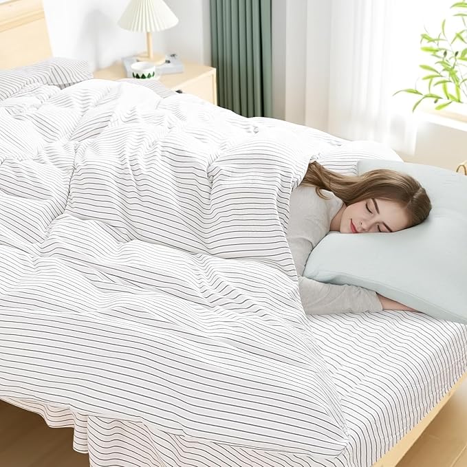 NEXHOME PRO Striped Duvet Cover Oversized Queen,100% Washed Cotton Bedding Set,Textured Linen Feel,Breathable,Organic,3 Piece(Grey Stripes 98x98)