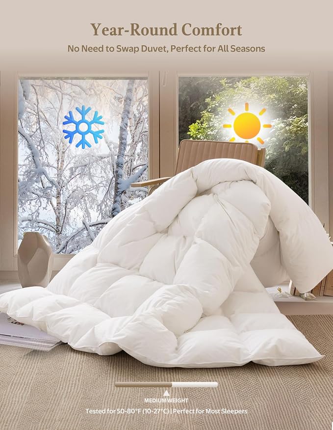 APSMILE Goose Feather Down Fibers Comforter Full Size, Organic Cotton Duvet Insert, All Season Warmth, Baffle Box, Quill-Free Soft Fluffy Hotel Bed Comforter (Ivory White, 82x86 Inch)