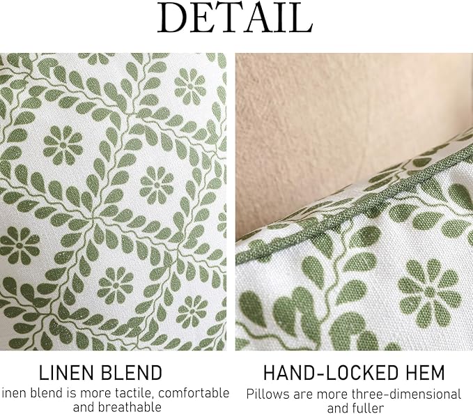 ISAENNE Design Fresh Linen Square Throw Pillow Covers 18"x18" Pack of 2, French White Cottage Cushion Covers with Green Branches Pattern Decoration Pillowcases for Bed,Living Room,Outdoor,Car