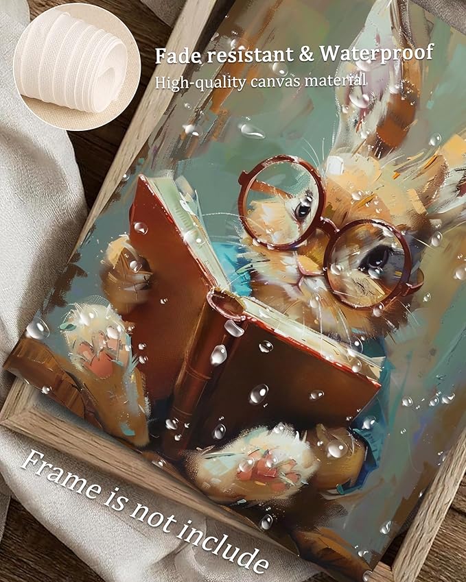Vodefoad Cute Easter Bunny Reading Book Print Art Vintage Tiny Rabbit Big Glasses Wall Art Pring Nursery Painting Cute Animal Wall Decor Light Academia Decor Whimsical Rabbit Decor - 8x10Inch Unframe