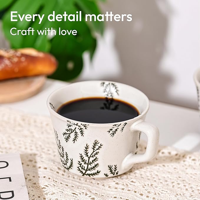 Ceramic Coffee Mug, 11 oz Small Novelty Unique Teacup with Handle, Stoneware Cup for Tea Mocha Latte Cappuccino (Set of 2, Ivy and Leaf)