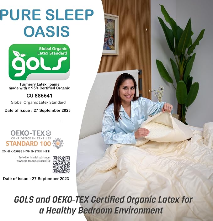 Turmerry Green Natural Bed Pillow - GOLS Certified Organic Rubber Foam Latex Pillows for Sleeping Side, Back, Stomach Sleepers Zippered Organic Cotton Cover - Size Queen - High Loft - Medium