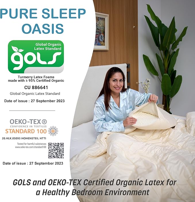 Turmerry Green Natural Bed Pillow - GOLS Certified Organic Rubber Foam Latex Pillows for Sleeping Side, Back, Stomach Sleepers Zippered Organic Cotton Cover - Size King - High Loft - Medium