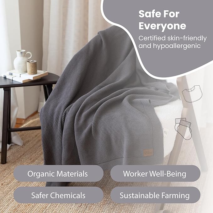 Dalisa 100% Organic Turkish Cotton Throw Blanket - GOTS Certified, Cozy - Perfect for Couch, Bed, and Home Decor - Boho Vintage Knit Alina (Dark Grey, 60x80)