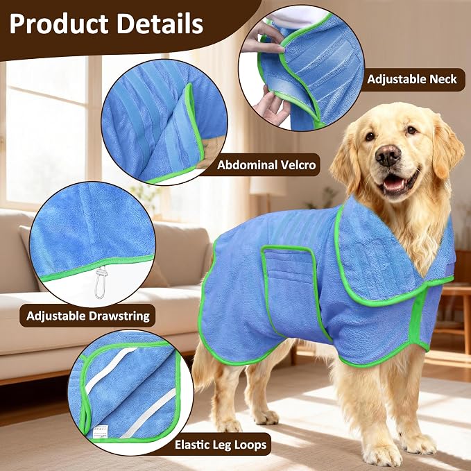 Soft Dog Bathrobe Fast Drying Dog Coat, Super Absorbent Dog Towels for After Bath, Microfiber Pet Robe Adjustable Collar & Belly Warm Keeping Dogs Coat for Pet Dogs & Cats (Blue, XX-Large)