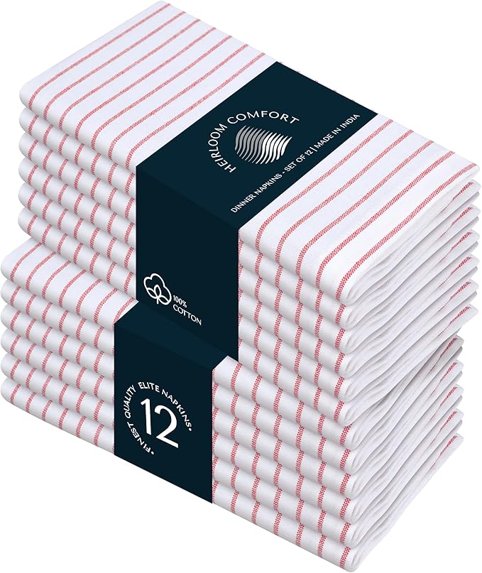 Red Stripe Dinner Napkins (Set of 12), Large 18 x 18 Inches, 100% Cotton, Soft, Absorbent & Durable Classic Striped Table Napkin for Everyday Use, Parties, Wedding Receptions, Lunch