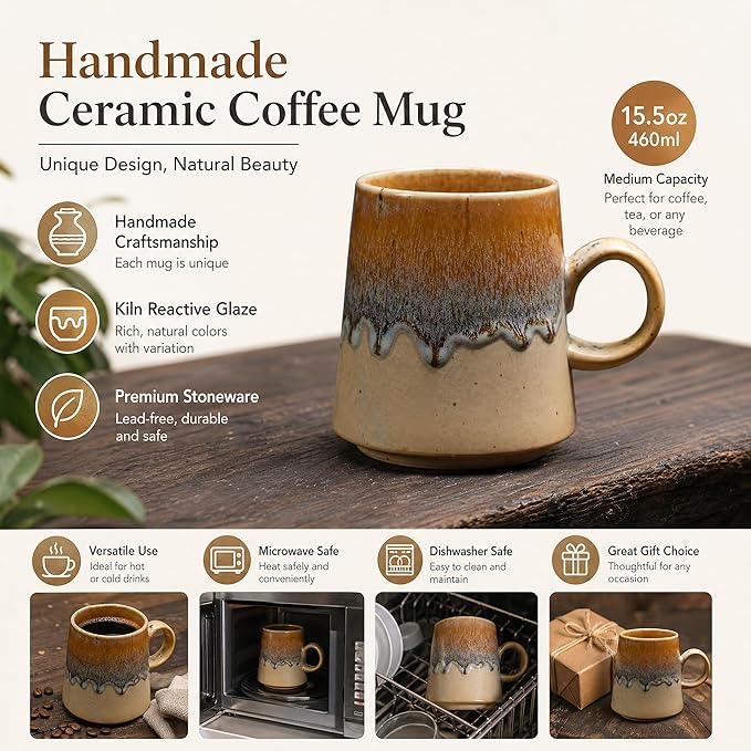 15oz Retro Japanese style Handmade Ceramic Coffee Mug - Unique Vintage Pottery tea cup, Lead-free Artisanal stoneware ceramic tea mug, Dishwasher & Microwave Safe Coffee cup for office and home