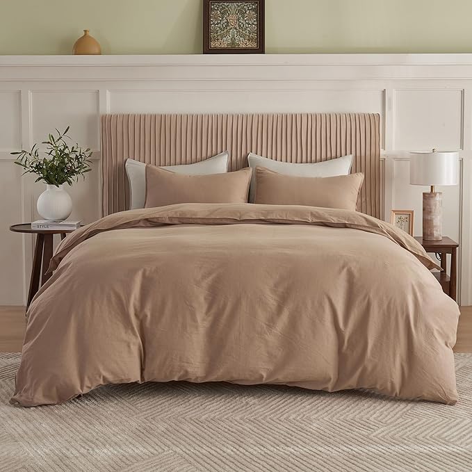BISELINA French Linen Duvet Cover Set 3pcs with Hidden Zipper Closure Natural Flax Cotton Blend Solid Color Soft Breathable Luxury Farmhouse Bedding - Queen Size, Clay