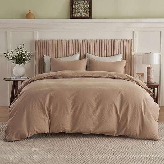 BISELINA French Linen Duvet Cover Set 3pcs with Hidden Zipper Closure Natural Flax Cotton Blend Solid Color Soft Breathable Luxury Farmhouse Bedding - Queen Size, Clay
