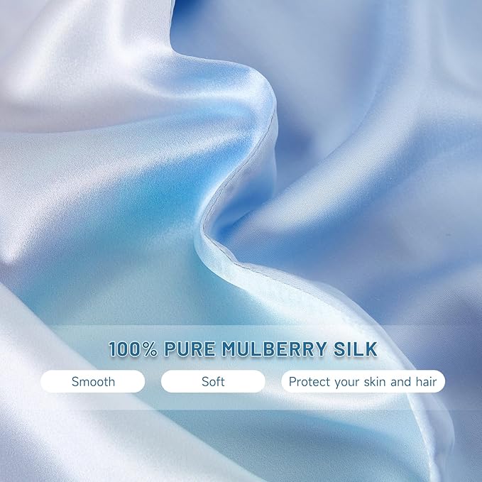 THXSILK Natural Mulberry Silk Pillowcase for Hair and Skin, Standard Size 20"x26" Silk Pillow Case, Soft Smooth Cooling Premium Mulberry Silk Pillow Cover with Zipper(Gradient Light Blue, 1pc)
