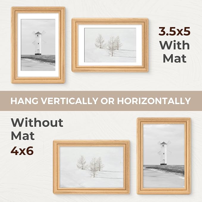 4x6 Picture Frame with Mat for 3.5x5, USA-Sourced Natural Beech Wood Handcrafted Rounded Corner with HD Tempered Glass, 4 x 6 Photo Frames Gallery Wall & Tabletop, Vertical or Horizontal Display