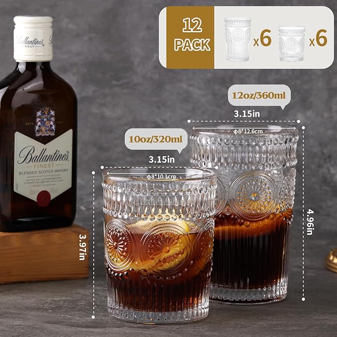 Vintage Drinking Glasses Set of 12, Textured Clear Striped Glass Cups-6 Highball Glasses 12oz & 6 Rocks Glasses 10oz, Mixed Glassware Set, Mojito Cups, Cocktail Glass, Iced Coffee Cup