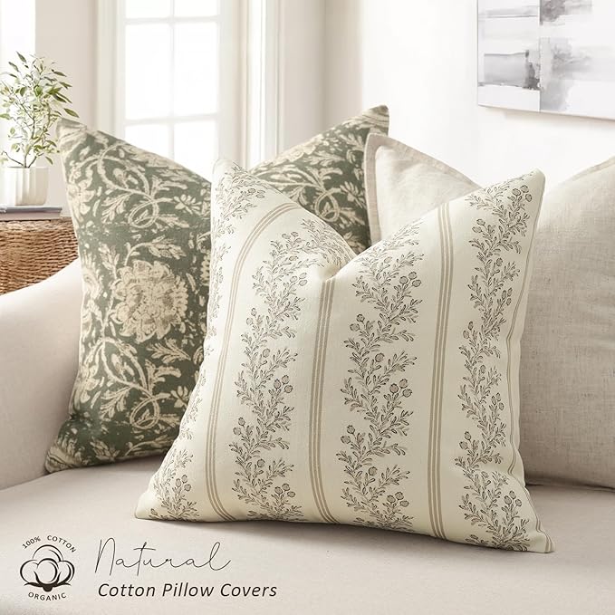 Vintage Throw Pillow Covers 12x20 Set of 2, Striped Floral Pillow Cover Botanical Patterned Decorative Cushion Covers Modern Farmhouse Home Decor for Sofa Couch Bed Living Room, Light Brown