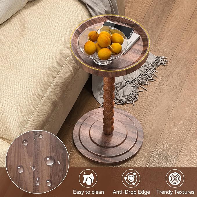 XNSDXV Round Side Table with Solid Wood Leg, Small Drink Table for Small Spaces, Martini Table with Raised Edge, Pedestal Side Table for Living Room, Bedroom,Sofa and Couch (Walnut Brown)