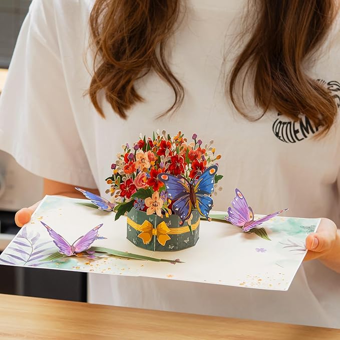 Frndly by Paper Love 3D Flower and Butterflies Pop Up Card, Gift for Birthday, Wedding, Anniversary, Thank You, Get Well, Valentine’s Day, Mother’s Day & All Occasions, 100% Recycled & Eco-Friendly, 8" x 6" Cover, Includes Envelope and Note Tag