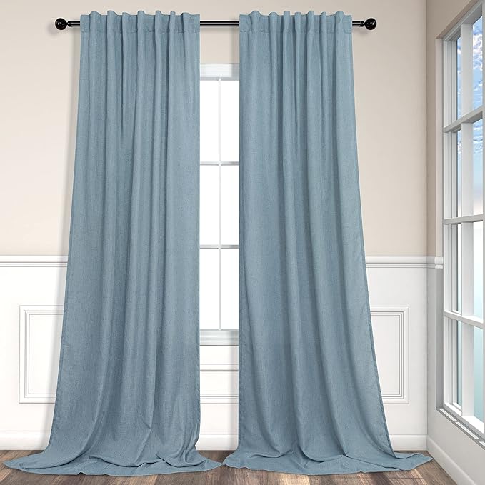 Sliding Door Curtains for Patio Door Total Extra Width 120 x 108 Inch Long Each 60 Inch Wide Light Diffusing Sheer Linen Blue Curtain Drapes 2 Panel for Bedroom Living Room Back Tab Pocket 5x9 FT
