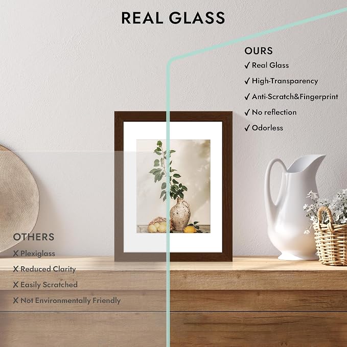 Hongkee 5x8 Oak Wood Picture Frame (1 Pack, Walnut) with Real Glass Cover | 5 x 8 Solid Wood Frame for Wall or Tabletop Display - Includes Easel Back, Vertical Hang - Ideal for Home, Office
