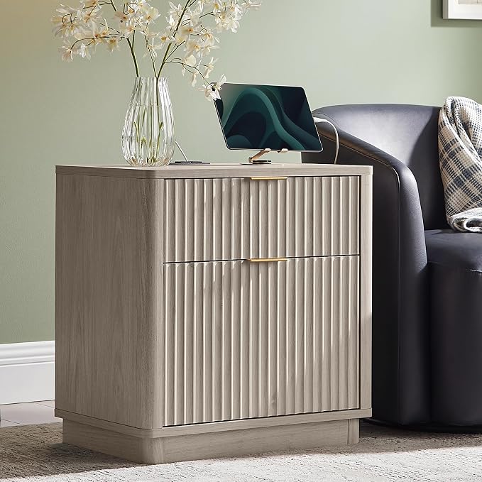 T4TREAM 23'' Fluted Nightstand Swith Charging Station, Large 2 Drawer Side Table, Modern End Table with Storage, Mid Century Bedside Table for Bedroom, Living Room, Curved Profile, White Alder