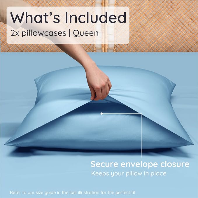 Bambaw 100% Viscose Derived from Bamboo Pillowcases Queen Size – Set of 2 Cooling Pillow Cases Queen Size with Envelope Closure, Super Soft Pillow Cases, Anti Acne Pillow Case (Dream Blue)