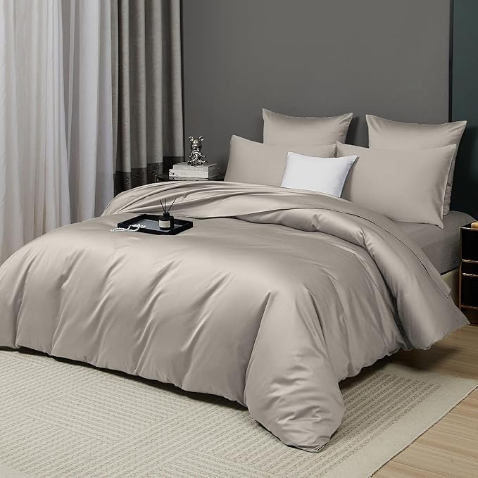 Light Taupe Cotton Duvet Cover Set Twin 100% Long-Staple Cotton Sateen Bedding Set, Soft Breathable Smooth Organic Pure Cotton Plain Comforter Cover, Luxury Minimalist Bedroom Decor for All Season