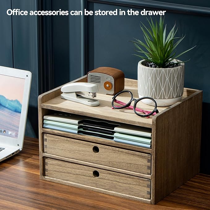 KIRIGEN Desktop Organizer Cabinet with 2 Drawers and Tray, Wood Office Desk Storage Shelf, 3-Tier Countertop Organizer for Papers, Supplies, Cosmetics, Kitchen Accessories Brown DT3D2C-DBR