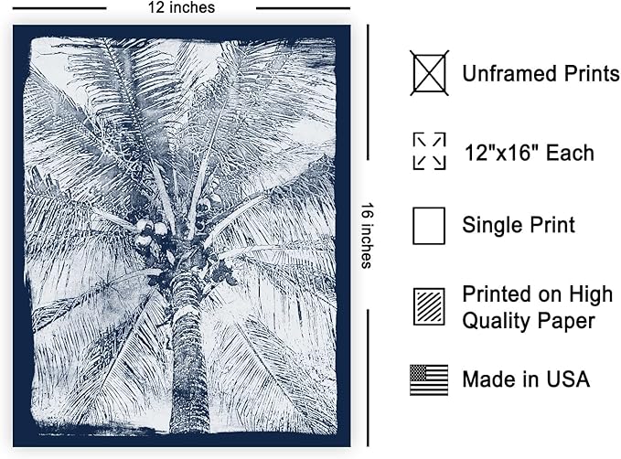 Monem Art Coastal Palm Tree Cyanotype Print - Blue and White Tropical Botanical Art Poster - Wall Decor for Beach House, Bedroom or Living Room - 12x16 Unframed Wall Art by Renee Stramel