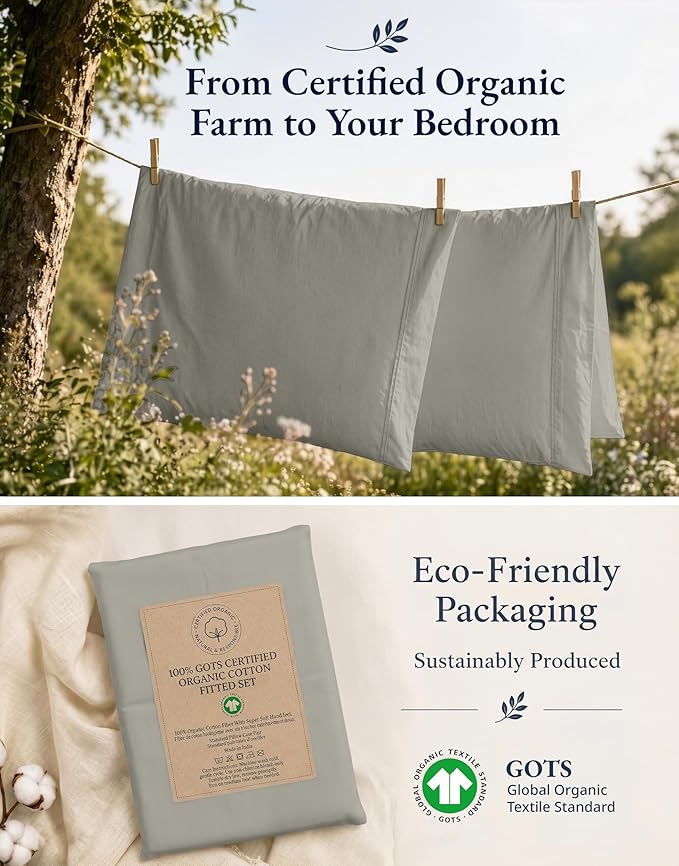 LANE LINEN Full Fitted Sheet & Pillowcases (No Flat Sheet) - 100% Organic Cotton Soft & Breathable Percale Weave Fitted Sheet Set - GOTS Certified - 15 ''Deep Pocket For Snug Fit - Silver