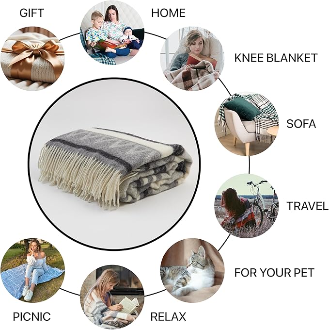 | Wool Blanket/Throw | 100% New Zealand Wool | Perfect for Home and Outdoors | Virgin Wool Throw with Fringes 75"x87" (190 x 220 cm)