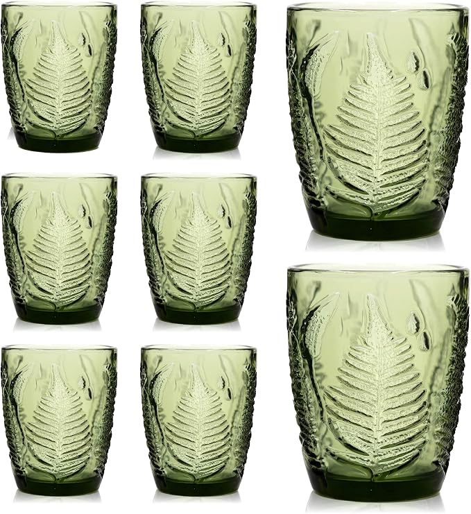 Green Drinking Glasses Set of 8, 10 oz Hand-Pressed Old Fashioned Glass Cups, Fern Textured Retro Lowball Tumblers, Vintage Glassware for Water, Whiskey, Wine, Cocktails & Juice, Housewarming Gift Set
