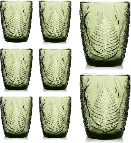 Green Drinking Glasses Set of 8, 10 oz Hand-Pressed Old Fashioned Glass Cups, Fern Textured Retro Lowball Tumblers, Vintage Glassware for Water, Whiskey, Wine, Cocktails & Juice, Housewarming Gift Set