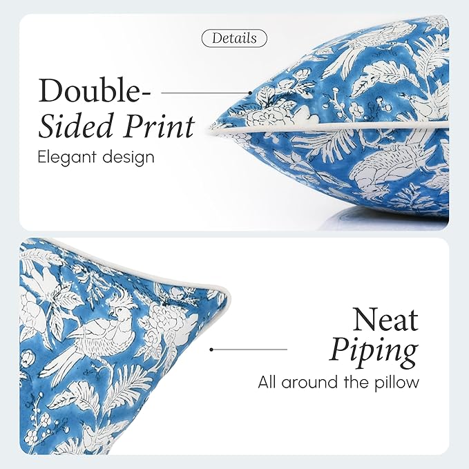CPC 100% Cotton Throw Pillow Covers 24x24 Inch, Set of 2 Blue Block Print Pattern Couch Pillow, Cute Boho Decorative Pillows for Living Room, Bedroom with Hidden Zipper- Blue Sapphire
