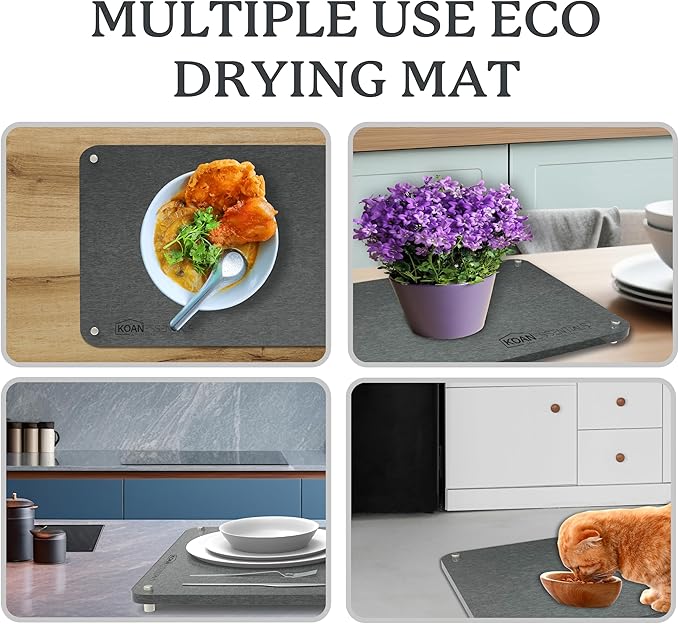 KOANEssentials Stone Dish Drying Mats for Kitchen Counter, Heat Resistant, Fast Dry, Super Absorbent Dish Drying Mats, Eco-Friendly Diatomaceous Earth Mat, Sand Tools included (16x12 Inch,Grey) 2 Pack
