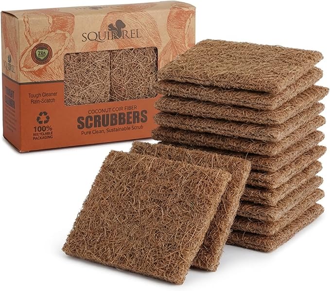 SQUIRREL Natural Coconut Coir Fiber Kitchen Scrubbers 12 Pack Biodegradable Non Scratch Dish Sponges for Eco Friendly Household Cleaning and Zero Waste Living