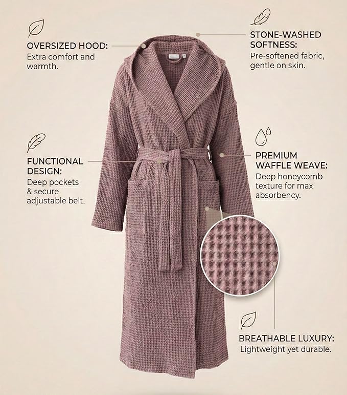 Magic Linen - Unisex Waffle Bathrobe, Hooded Linen-cotton Blend Bath Robe, Lightweight Robe for Women and Men