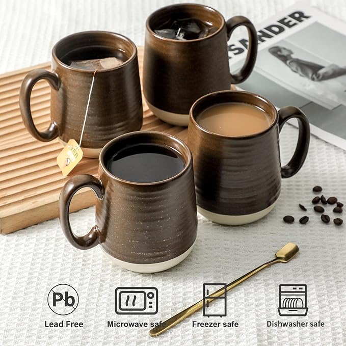 HASENSE Ceramic Coffee Mug Set of 4, 15 oz Coffee Cups with Big Handles, Large Latte Mugs for Men and Women, Christmas Cups for Tea, Hot Cocoa, Latte, Cappuccino, Dishwasher Microwave Safe, Brown