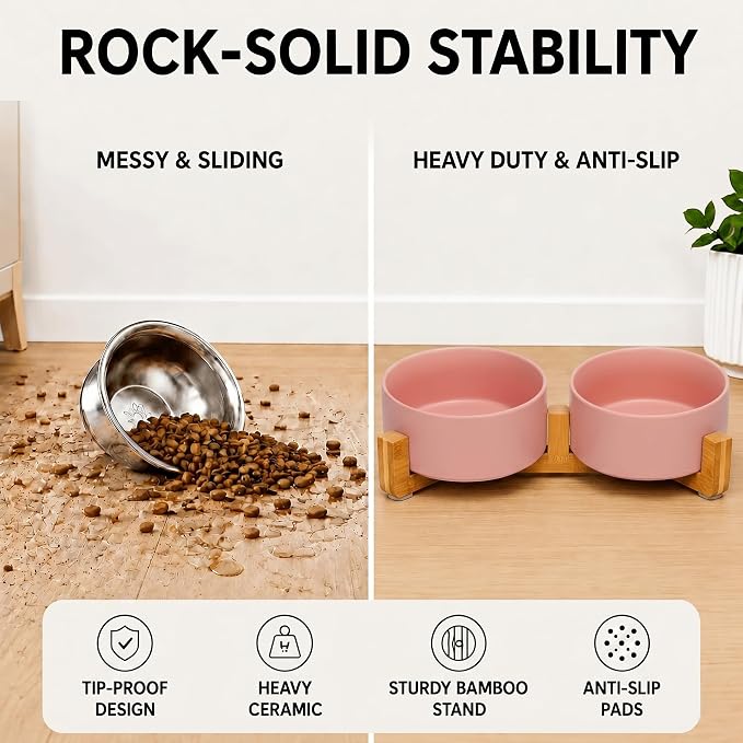SPUNKYJUNKY Ceramic Dog and Cat Bowl with Wood Stand Non-Slip Matte Glaze Weighted Food Water Set for Cat Medium Dog 28.7 OZ