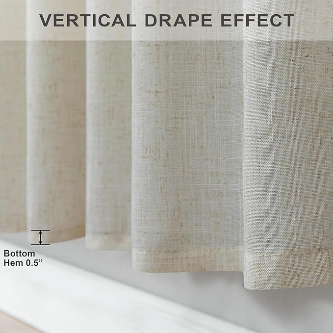 Flax Linen Curtains 38 Inch Wide for Bedroom 2 Panels Back Tab Rod Pocket Light Filter Semi Sheer Beige Curtains for Small Windows Narrow Mini Skinny Door Decor 38 Inch Width by 63 Inch Length