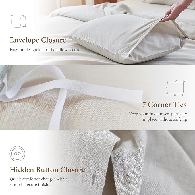 Simple&Opulence Linen Duvet Cover Set King Size - French Linen Cotton Woven Blend in Natural Beige, 3 Pieces (1 Comforter Cover 104x92” + 2 Pillowcases), Soft & Breathable All-Season Farmhouse Bedding